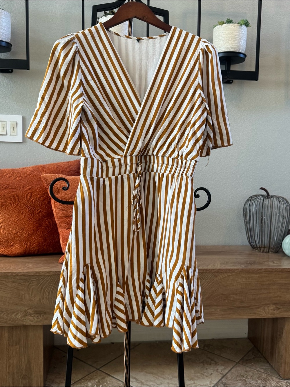 Striped V-Neck Short Dress in Mustard and White